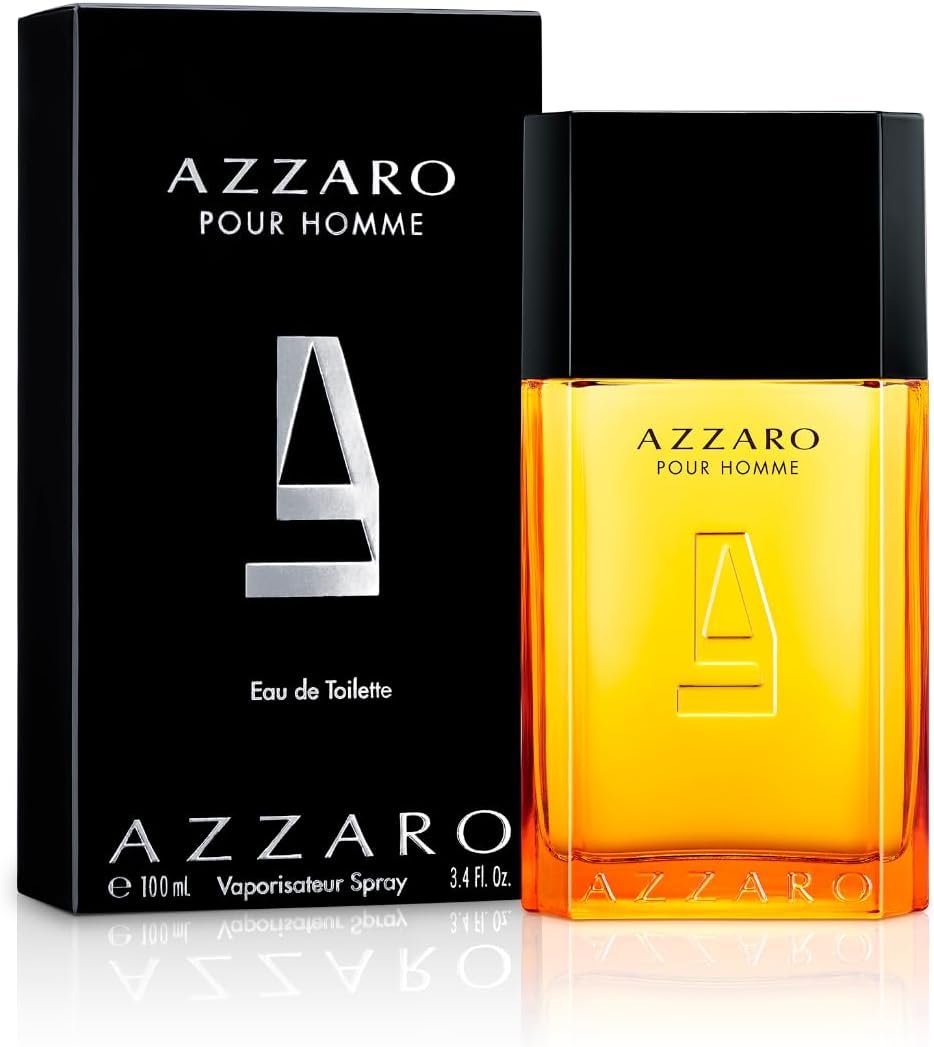 Perfume masculino importado barato Azzaro Pour Homme Eau de Toilette, frasco âmbar com a caixa preta