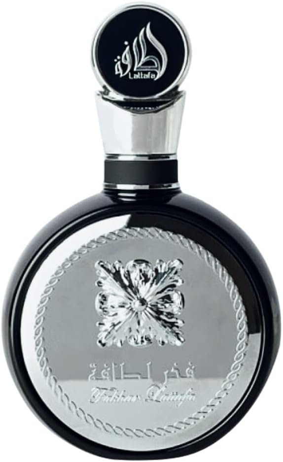 Perfume árabe masculino fresco Lattafa Fakhar Black Eau de Parfum 100 ml, frasco redondo escuro com tampa prateada