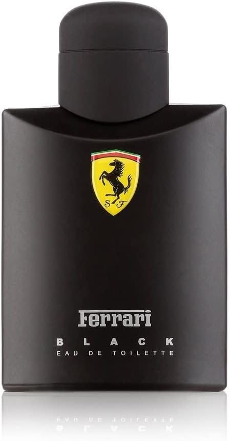 Perfume masculino barato Ferrari Black Eau de Toilette 125 ml, frasco preto com o cavalinho da Ferrari