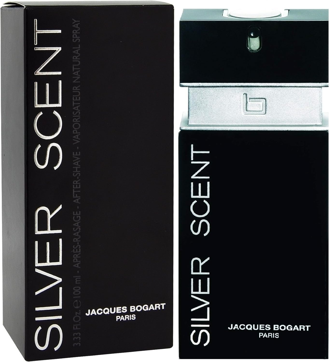 Frasco preto do perfume masculino Jacques Bogart Silver Scent