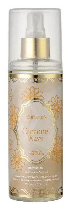 Body splash Caramel Kiss, da linha Oriental Sweetness da Barbour's Beauty, frasco dourado de 200 ml