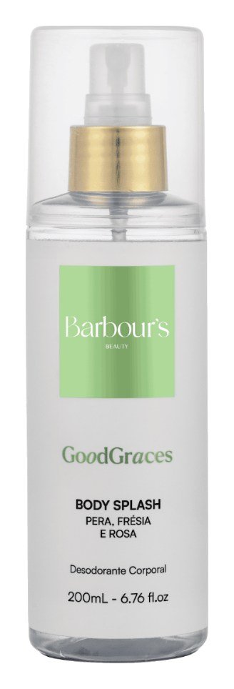 Frasco branco e verde do body splash Good Graces, da Barbour's Beauty