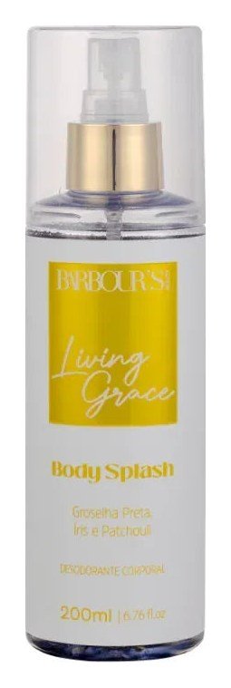 Frasco branco e amarelo do body splash Living Grace, antigo La Vie, da Barbour's Beauty