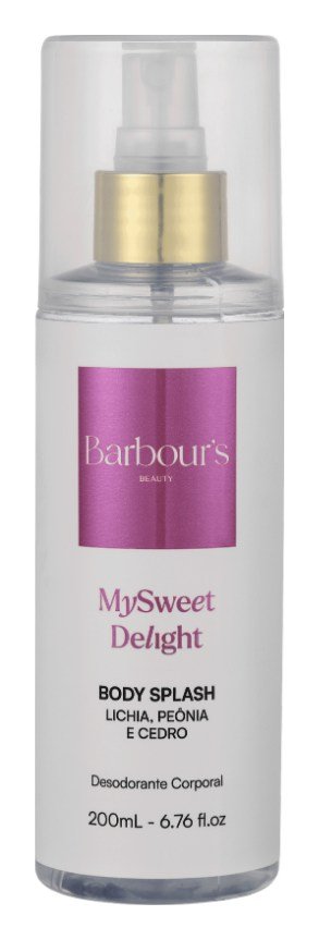 Frasco branco e rosa do body splash My Sweet Delight, da Barbour's Beauty