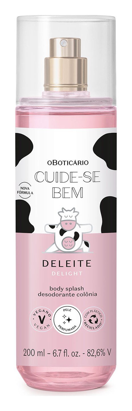 Body splash Cuide-se Bem Deleite, de O Boticário, frasco rosa de 200 ml com estampa de vaquinha