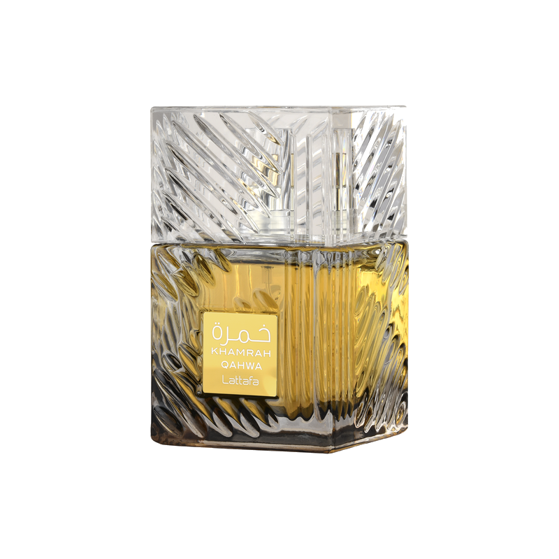 Perfume árabe masculino Lattafa Khamrah Qahwa Eau de Parfum 100 ml, frasco de vidro trabalhado com rótulo dourado