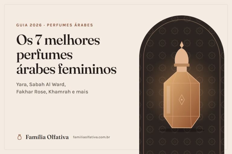 Capa do guia dos 7 melhores perfumes árabes femininos, com ilustração de frasco dourado em arco árabe