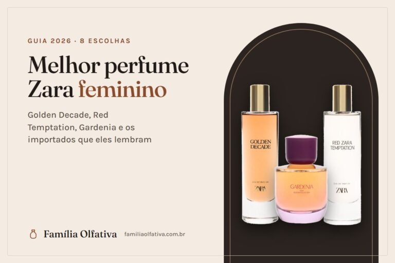 Capa do guia melhor perfume Zara feminino com os frascos do Golden Decade, Gardenia e Red Zara Temptation