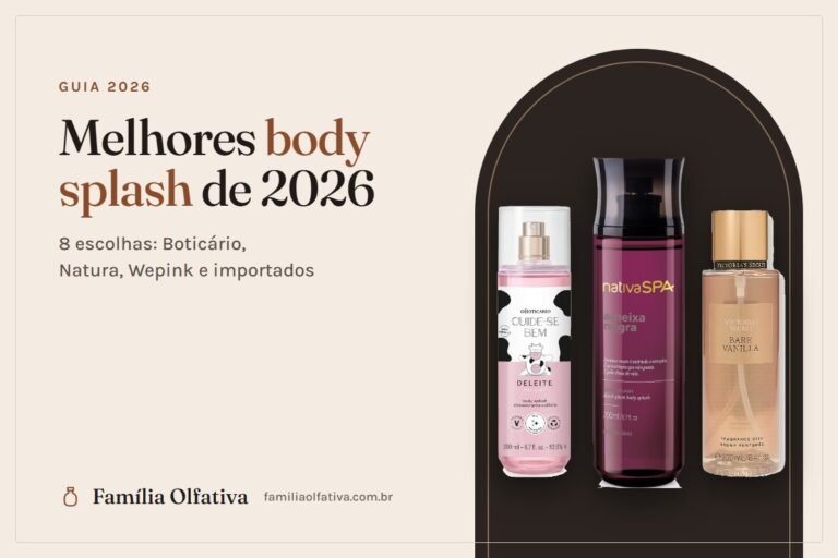Capa do guia dos melhores body splash de 2026 com os frascos do Deleite, Ameixa Negra e Bare Vanilla