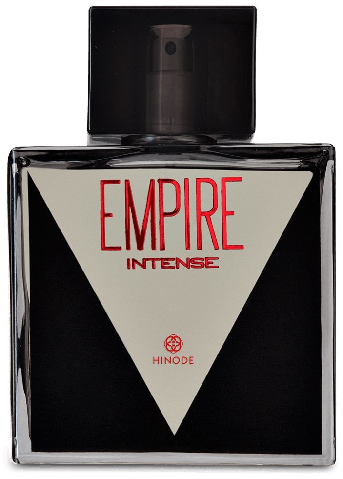 Perfume Empire Intense, da Hinode, frasco preto com triângulo e letras vermelhas