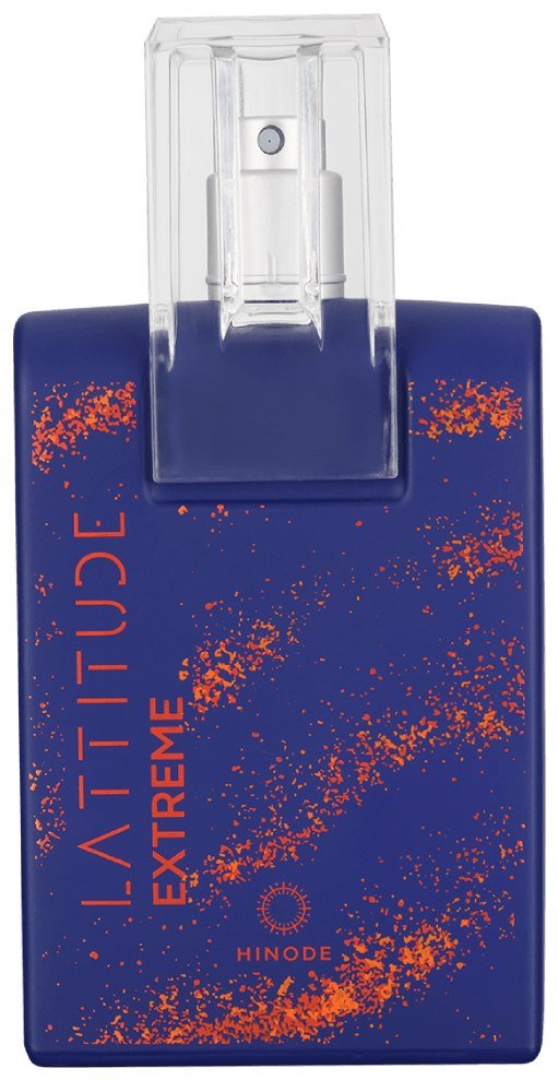Perfume Lattitude Extreme, da Hinode, frasco azul com detalhes laranja