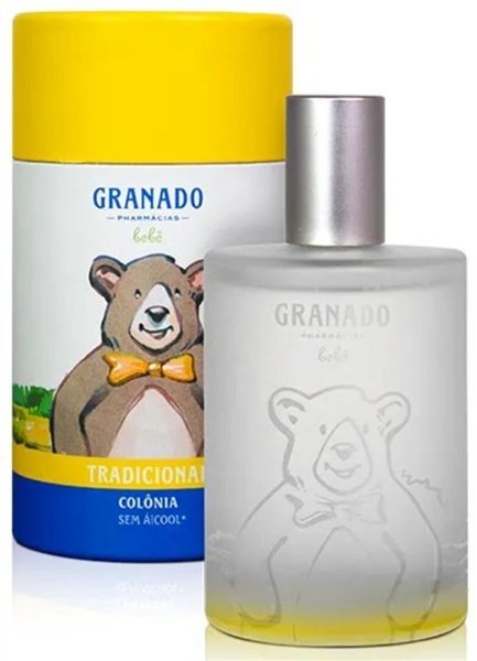 Colônia Bebê Tradicional da Granado, frasco com urso e embalagem amarela
