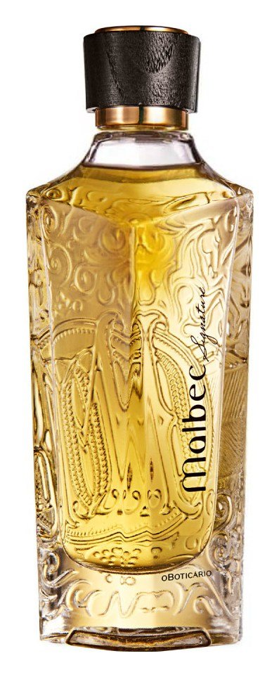 Perfume masculino Boticário Malbec Signature Eau de Parfum 90 ml, frasco dourado trabalhado