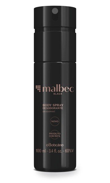 Body spray desodorante masculino Malbec Black 100 ml, da Boticário, frasco preto