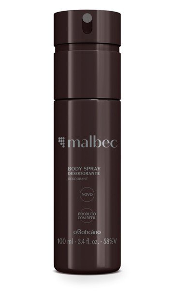 Body spray desodorante masculino Malbec 100 ml, da Boticário, frasco marrom