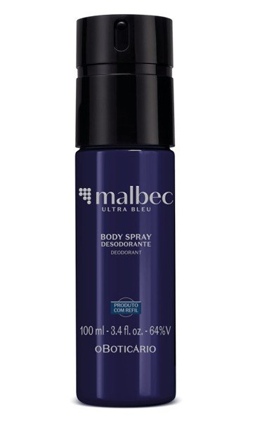 Body spray desodorante masculino Malbec Ultra Bleu 100 ml, da Boticário, frasco azul-escuro