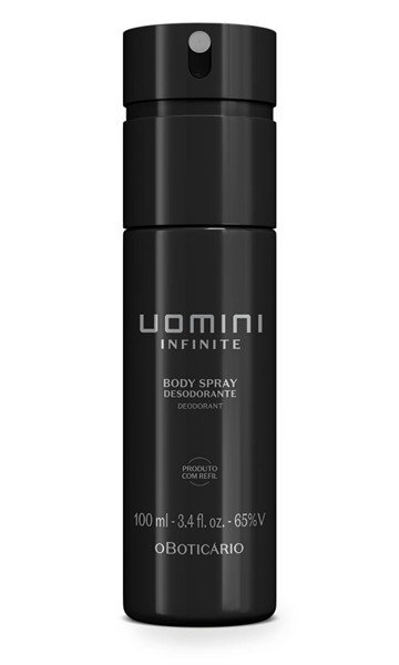 Body spray desodorante masculino Uomini Infinite 100 ml, da Boticário, frasco preto