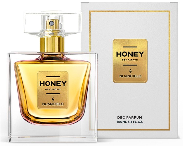 Perfume feminino Honey Deo Parfum 100 ml, da Nuancielo, frasco dourado e caixa branca